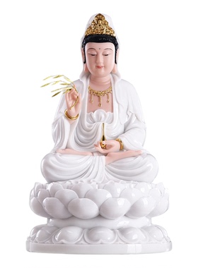 汉白玉石雕观音菩萨佛像家用供奉南海观世音坐莲娑婆三圣佛堂摆件