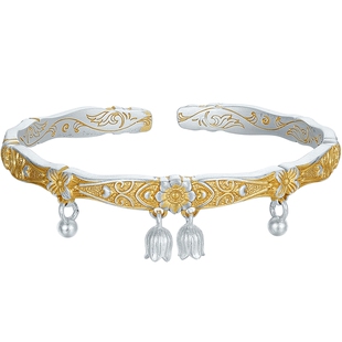 六桂福珠宝足银手镯女款紫藤花开口镯铃兰花镯子新年情人节礼物