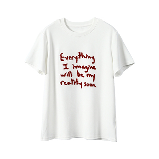 淘么淘 衣橱核芯！亮丝字母刺绣圆领棉质弹力宽松短袖t恤女春新款