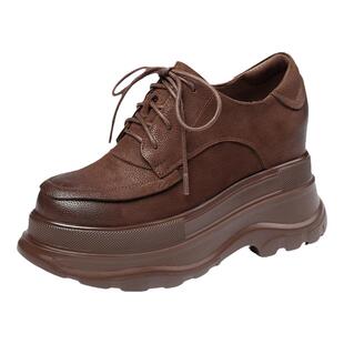 春季新款真皮复古隐形内增高10cm女鞋厚底松糕透气坡跟时尚休闲鞋