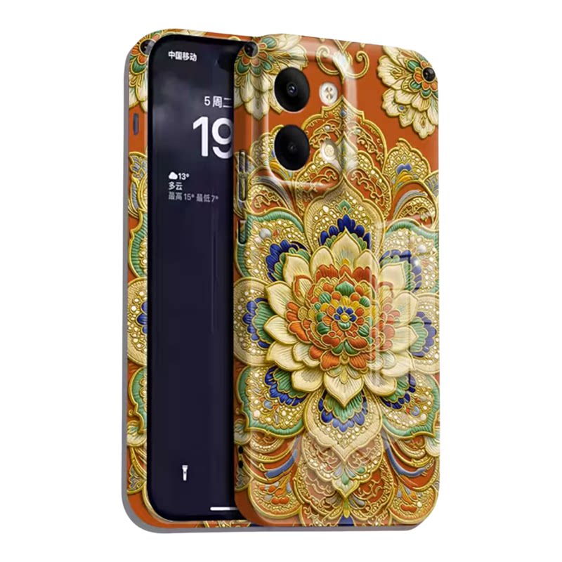 莲花图腾菲林壳适用OPPOReno9手机壳新款高级简约Reno10/reno14外壳全包防摔镜子支架硬壳Reno15手机套女款
