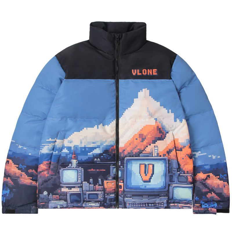 VLONE 拼色像素风Logo雪山印花 宽松立领 加厚羽绒服 男女同款