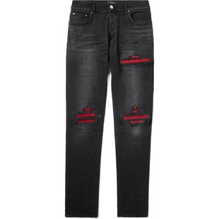 【折扣】AMIRI男士紧身绒面革边饰仿旧牛仔裤