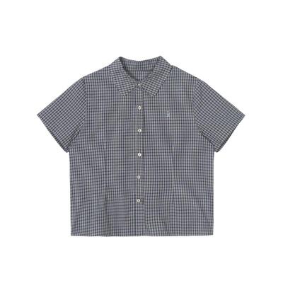 复古格纹短袖衬衫女夏季