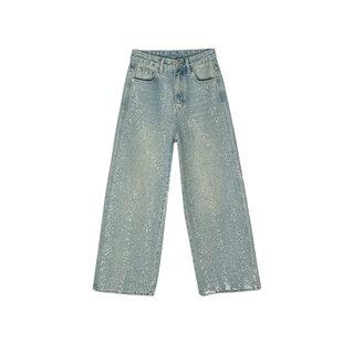 buling闪闪！满天星阔腿牛仔裤女春季设计感浅蓝色宽松直筒拖地裤