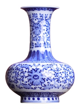 景德镇青花点工缠枝莲扁肚瓶高15.3cm桌面台面小中号客厅玄关花瓶