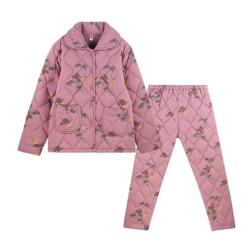 睡衣女秋冬款针织棉夹棉加厚保暖加棉袄全棉质冬季大码家居服套装