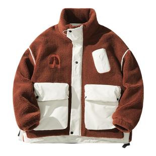 【黄俊捷同款】XAKA美式撞色拼接立领羽绒服男冬羊羔毛厚保暖外套