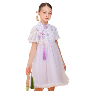 中新款大女童夏季蓬蓬连衣裙汉服中国风新国潮拼接纱裙时尚公主裙