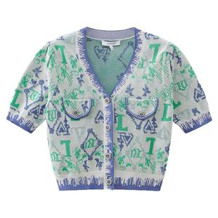 我爱露露LULUALWAYS夏季新款撞色V领口袋短袖针织开衫女款