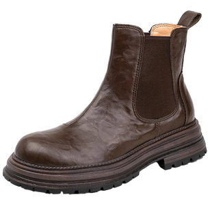 真皮棕色短靴子女2025秋冬新款加绒英伦风复古马丁靴厚底切尔西靴