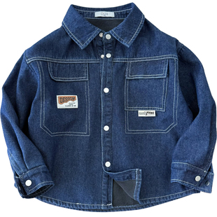 男童加绒牛仔衬衫外套~秋冬季中大童奥利绒保暖长袖衬衣休闲上衣