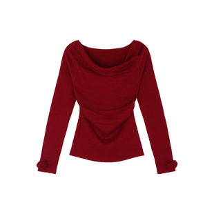 姜雯 设计感荡领立体花朵打底针织衫女秋季绝美上衣红色长袖毛衣