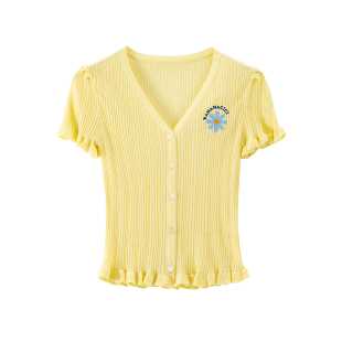 BANANA CICI2025年秋季新款百搭舒适小雏菊绣花V领短袖针织开衫