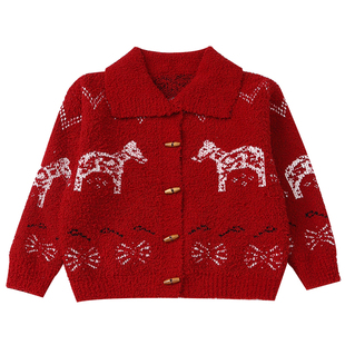 红色毛衣女童冬季2025新款儿童厚款毛线衣过冬女大童冬装开衫外套