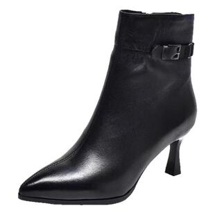 真皮尖头高跟短靴女新款今年流行加绒百搭马丁靴洋气中跟时尚靴子