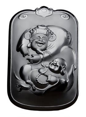 和田玉墨玉弥勒佛财神吊坠挂件