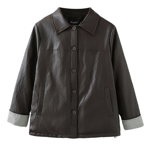 胖妹妹冬装外套女2025新款大码200斤翻领格子拼接加绒加厚pu皮衣