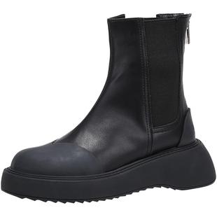 BellaLily新款复古厚底切尔西靴女后拉链中筒靴真皮瘦瘦靴