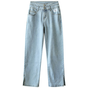 江南范搭配唐装汉服旗袍上衣的裤子直筒开叉牛仔裤浅蓝色水洗百搭