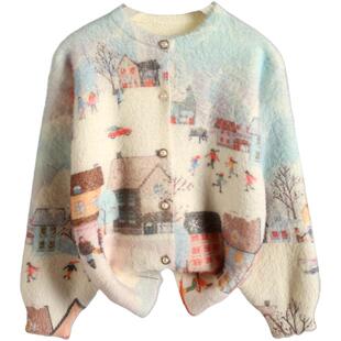 手绘雪景儿童女宝水貂绒毛衣外套2025秋冬新款加厚双面绒针织开衫