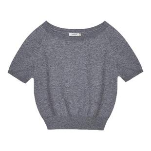 LINHOUSE简约灰色斜肩针织衫夏一字领船领通勤气质短袖t恤上衣女