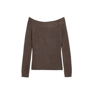 pusumede 至知温柔 气质一字肩长袖针织衫女复古抽条麻花露肩上衣