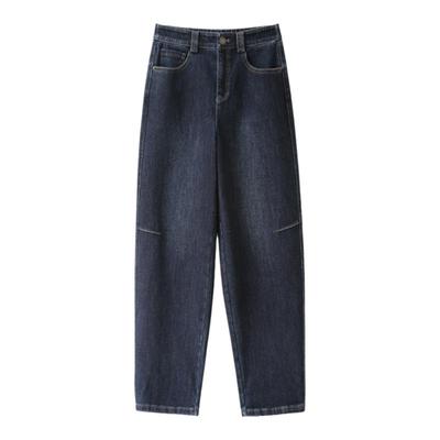 柜台品质深蓝色高腰阔腿牛仔裤