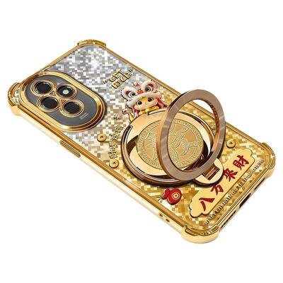 马年八方来财适用荣耀200手机壳新款金色电镀四角防摔华为荣耀300外壳旋转解压支架荣耀400Pro防摔保护套女款