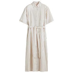 HM女装连衣裙夏季优雅莫瑞老钱风亚麻混纺衬衫式连衣裙1278042