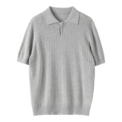 LUUD 男夏莱赛尔亚麻混纺翻领polo衫短袖透气提花镂空肌理针织T恤