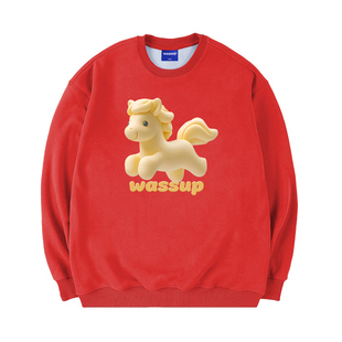 WASSUP潮牌马年系列加绒卫衣男女款秋冬季中国红情侣圆领套头上衣