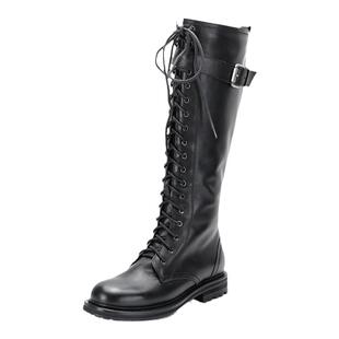 真皮牛皮系带绑带高筒靴女靴机车马丁靴低跟潮靴圆头黑色咖色加绒