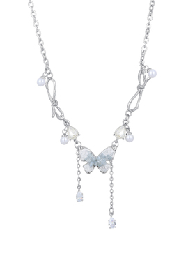 碎冰蓝锆石蝴蝶流苏吊坠项链