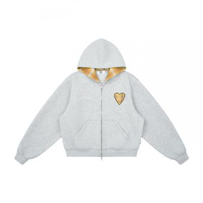 EMPTY REFERENCE麻灰格纹拼接刺绣宽松重磅长袖拉链开衫连帽卫衣