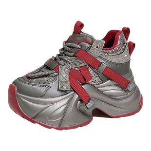 ZFCQ香港内增高老爹鞋女款2025春秋新款真皮水钻显脚小高跟休闲鞋