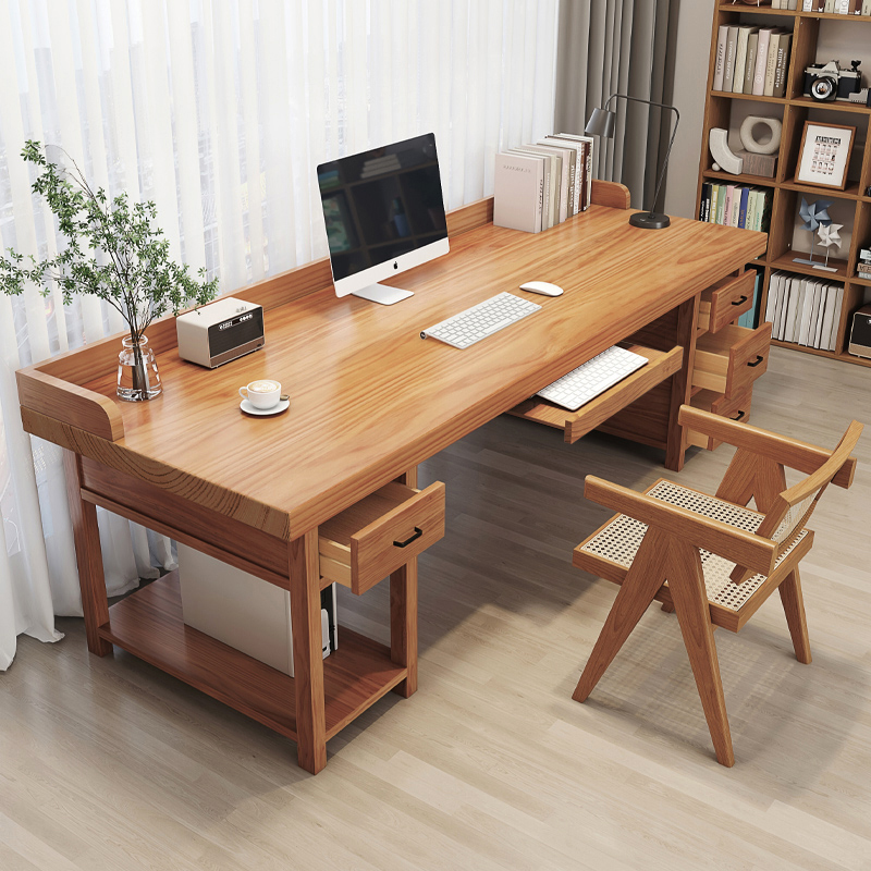 纯实木书桌原木整板办公桌学习桌台式电脑桌书法桌带储物柜围挡