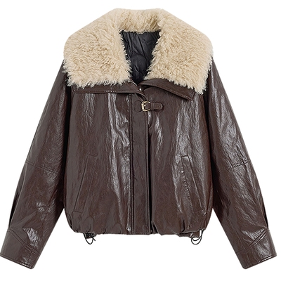 KBNE复古学院风PU皮咖啡色毛领羽绒服女2025冬季新款90白鸭绒外套