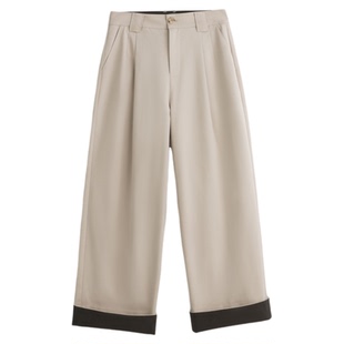 SETTE SEVEN 【卷边设计】高支高密斜纹水洗棉撞色阔腿长裤102329