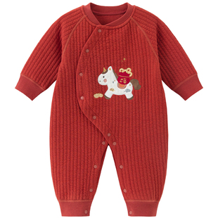 木生棉宝宝夹丝棉连体衣秋冬婴儿保暖无骨哈衣居家红色喜庆爬爬服