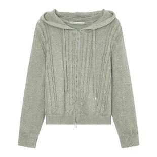 飘蕾连帽双拉链针织衫女26年春装新款绿色高级感休闲百搭减龄毛衣
