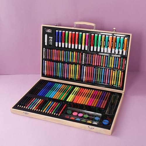 180画笔木质绘画套装儿童礼盒手提蜡笔画画笔彩笔礼品水彩笔