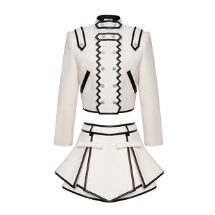 Maison Wester秋季气质澳毛白色拼黑色短款呢外套上衣裙裤套装