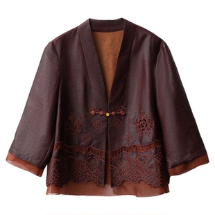 一丝牵 100%桑蚕丝重工一粒扣真丝香云纱龟裂纹短外套V领开衫上衣