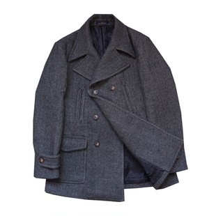 CAILENOW  秋冬粗花呢人字纹加厚双面呢海军双排扣大衣男复古外套