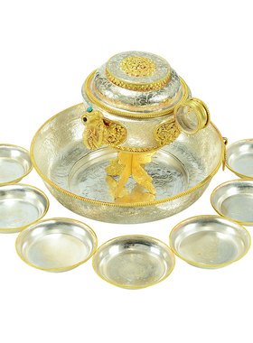 尼泊尔手工铜水陆供鎏金鎏银七供水碗八吉祥雕花水财神一套摆件