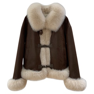 特价年末限定！狐狸毛皮草外套女冬鹅绒内胆新款麂皮绒派克服夹克