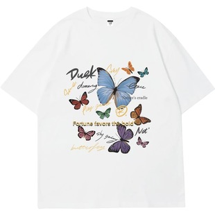 单依纯同款潮牌卡通蝴蝶印花短袖T恤女小众ins高级感宽松上衣女
