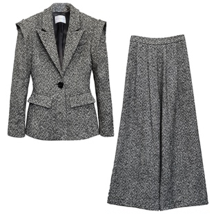 经典老钱风高品质全羊毛钢花呢收腰西装套装女复古轻奢感阔腿裤