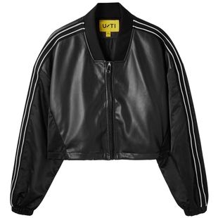 U/TI黑色美式皮夹克女百搭光泽感休闲潮短款外套尤缇2024秋季新款